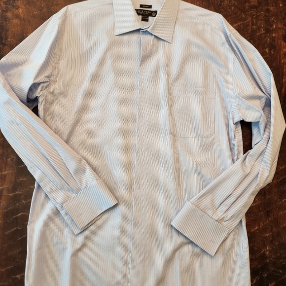 Pronto Uomo Mens 17 1/2 Tall White Blue Stripe Non Iron Dress 36/37  FRENCH CUFF - Picture 1 of 8